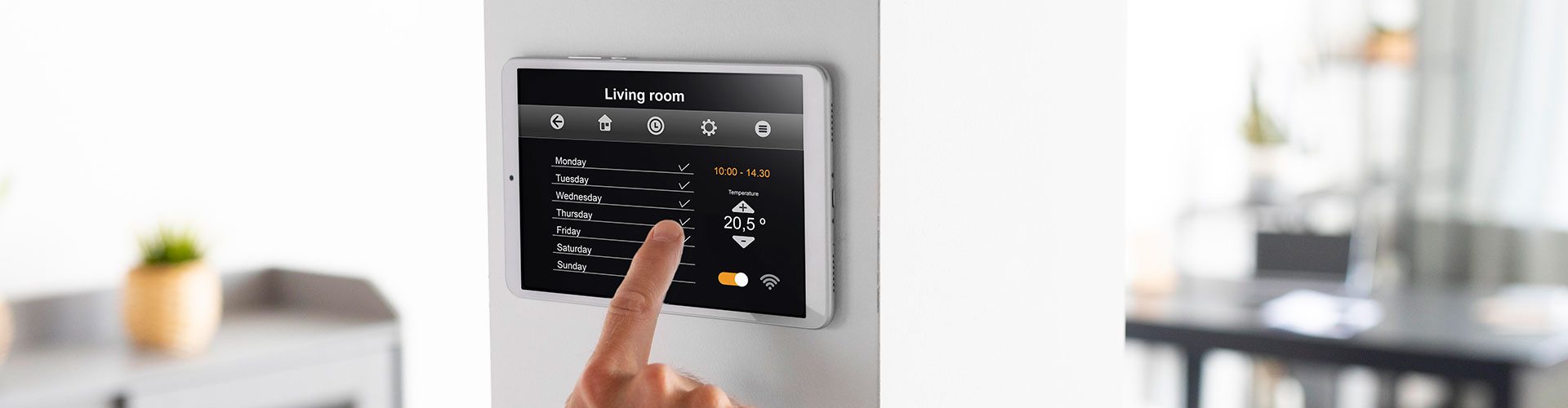 Smart home controller showing living room heating schedule with time and temperature settings
