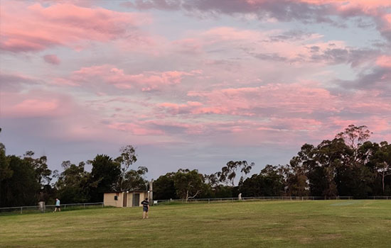 Grass field at dusk with pink and purple sky, a small brick building, fence, eucalyptus trees, and scattered people
