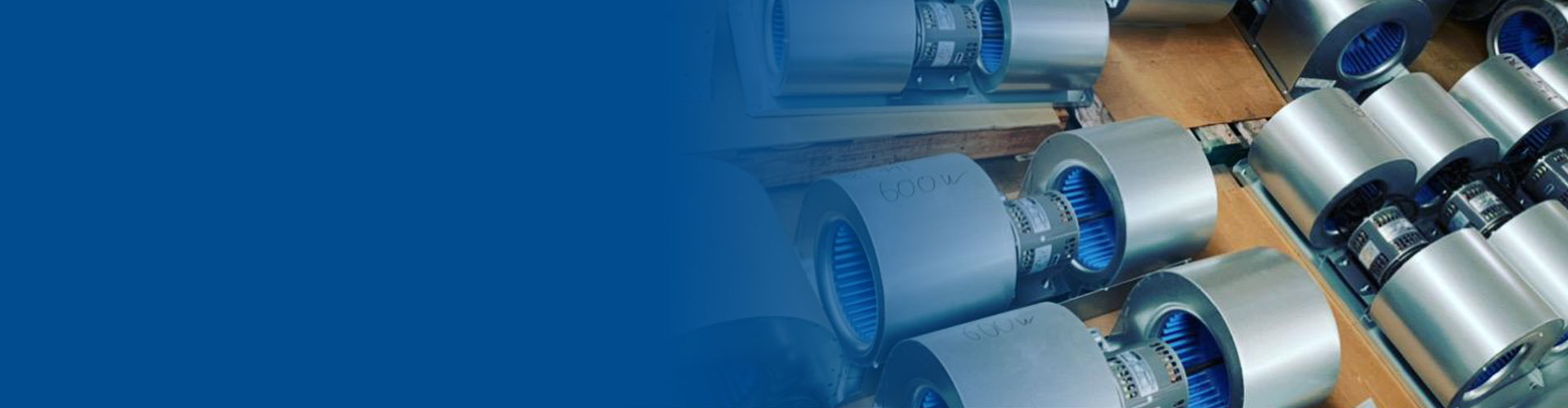 Squirrel-cage blower fan motors on pallets with blue overlay, banner for indoor fan problems