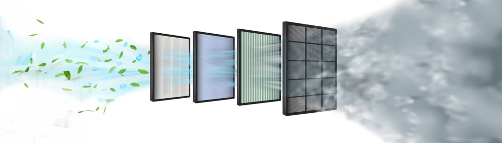 Four air filter panels purifying air, showing air conditioning's role in allergy management