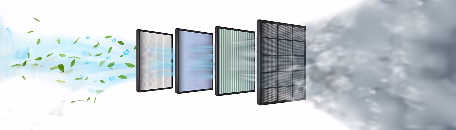 Four air filter panels purifying air, showing air conditioning's role in allergy management