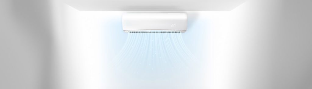 Wall-mounted split air conditioner with digital display and cool air graphic, symbolizing indoor air quality