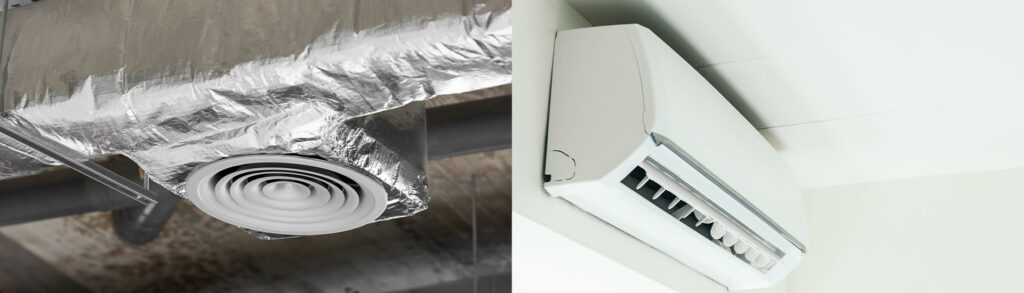 Comparison of ducted vs. split air conditioning: ceiling duct vent on left, wall-mounted split unit on right