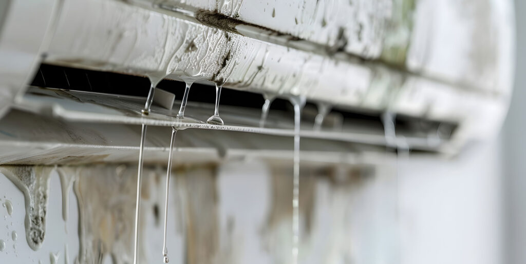 Close-up of a wall-mounted air conditioning unit leaking water with mold stains on the front panel