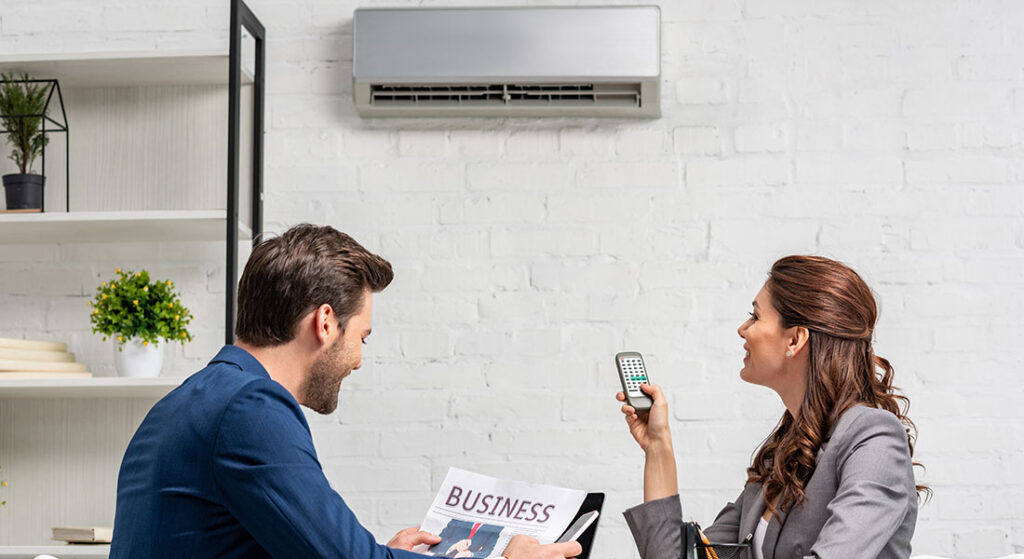 Woman using remote to control a wall-mounted air conditioner while a man reads a newspaper nearby