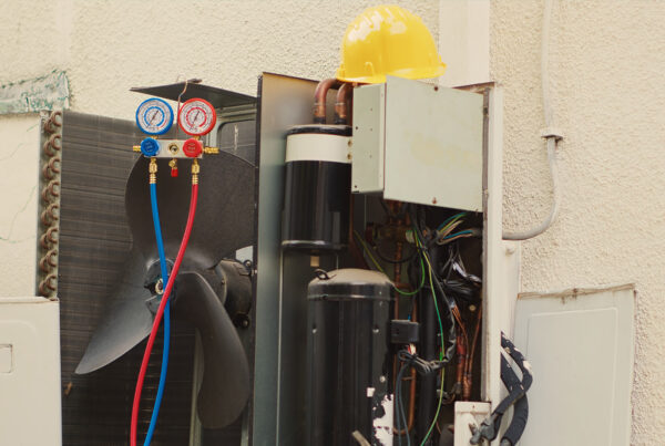 Technician's manifold gauge set attached to an open air conditioning condenser unit checking for a refrigerant gas leak
