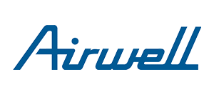 airwell Airwell logo in blue cursive lettering with a swoosh above the A on a white background