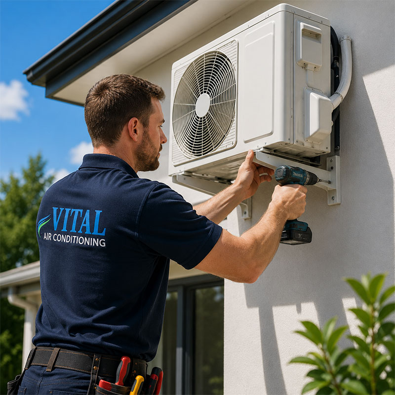 Technician installing an outdoor air conditioning condenser unit on a house wall as part of repairs & maintenance services