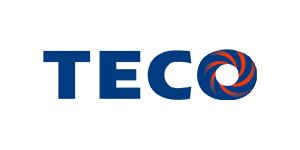 teco TECO logo with blue capital letters and a blue-orange pinwheel icon on white background