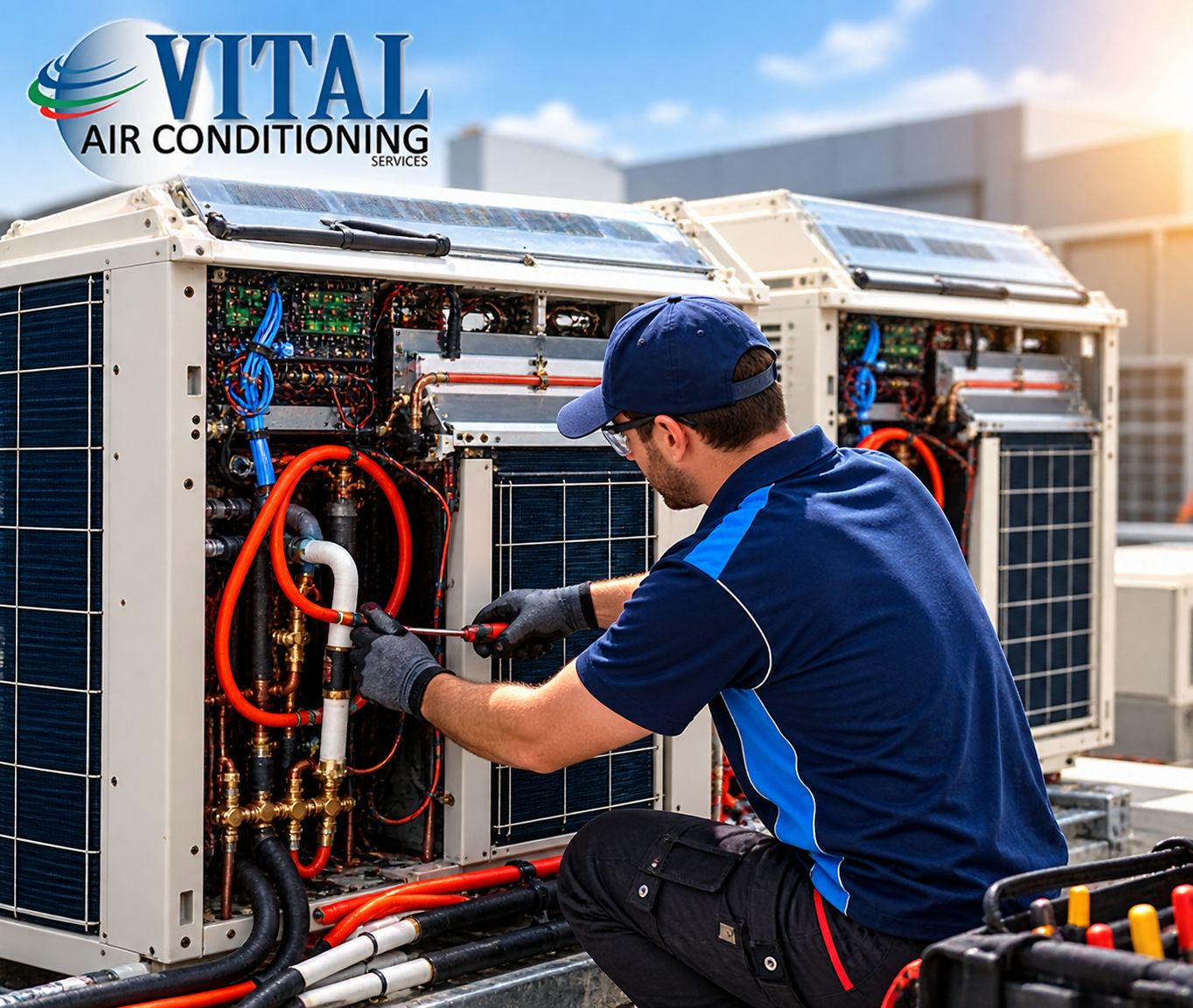 VitalAircon HVAC technician performing urgent repairs on a commercial air conditioning unit in Sydney